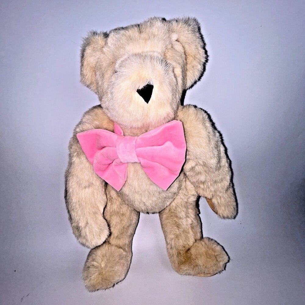 Vermont Teddy Bear with Pink Bow USA Made 16" Jointed Posable Vintage Quality